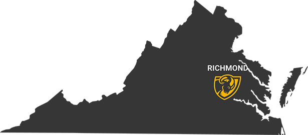 An outline of the state of Virginia with a Rams head to identify Richmond.